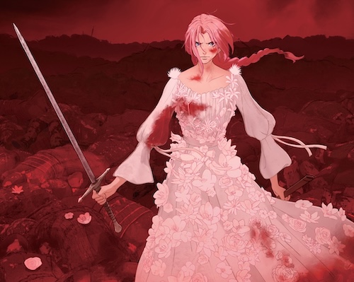Image from the film Scarlet of a woman in a pink dress holding a sword